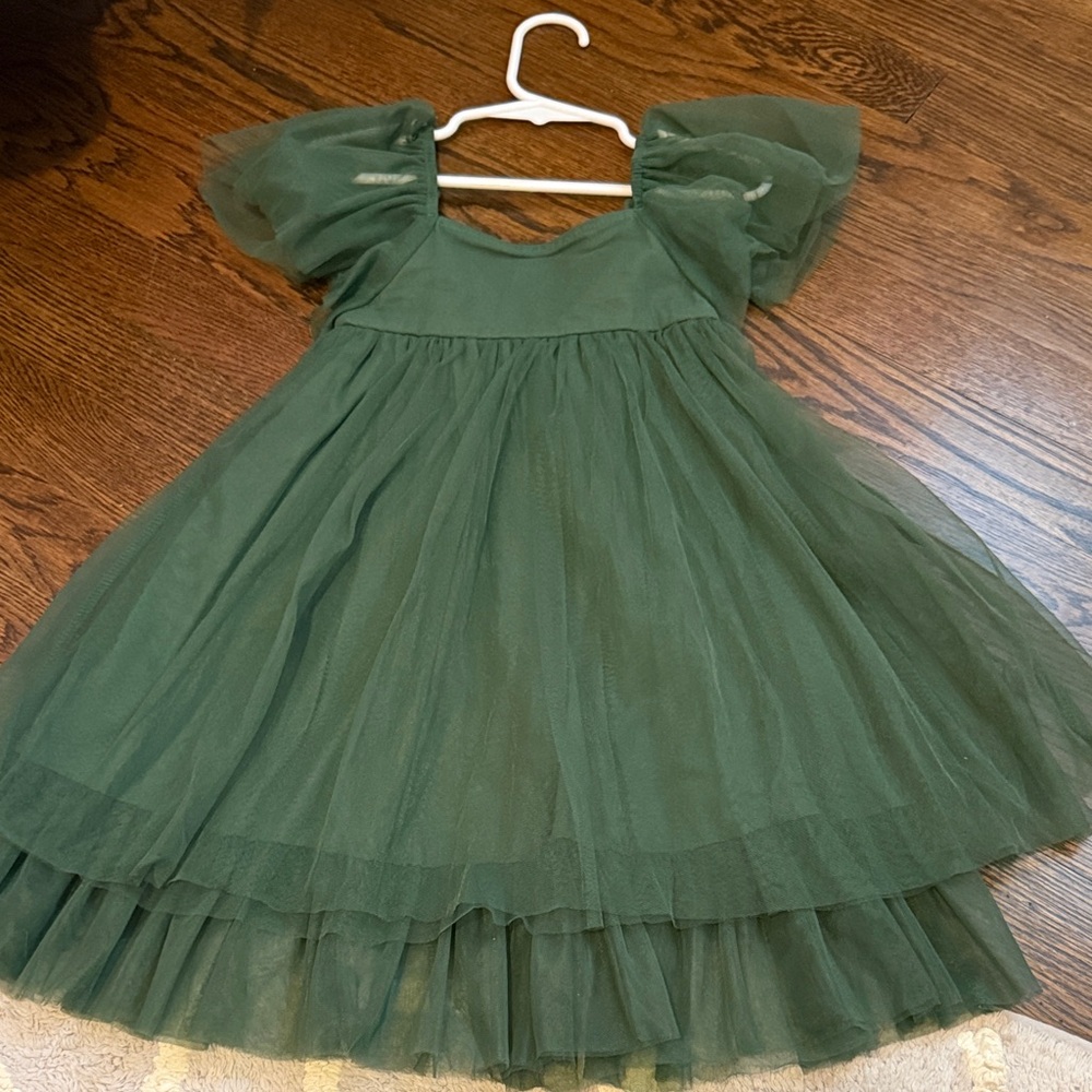 Girls' Emerald Green Tulle Party Dress with Puff Sleeves